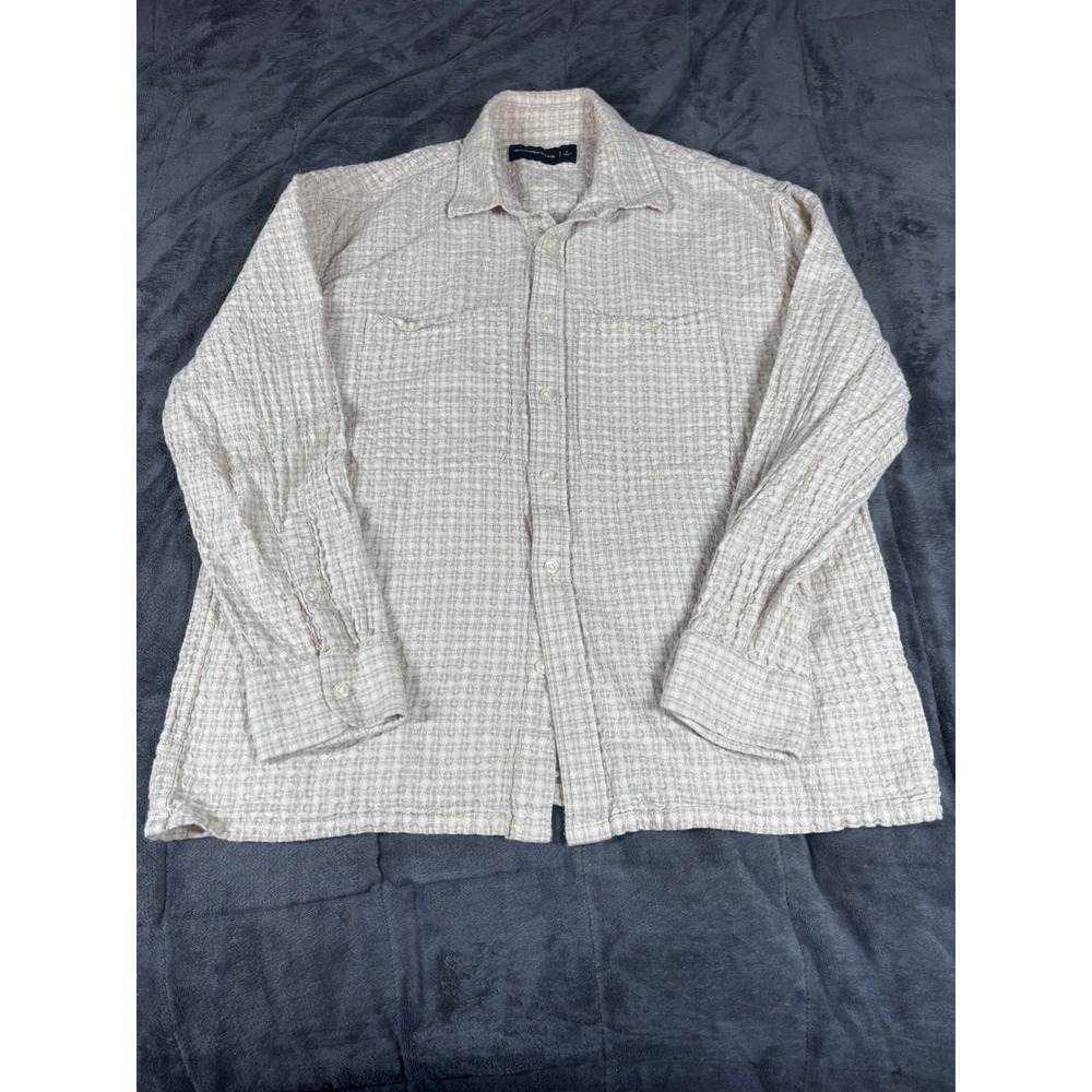 Abercrombie‎ & Fitch Mens Large Tan Cream Waffle Weave Grid Button Up Shirt L